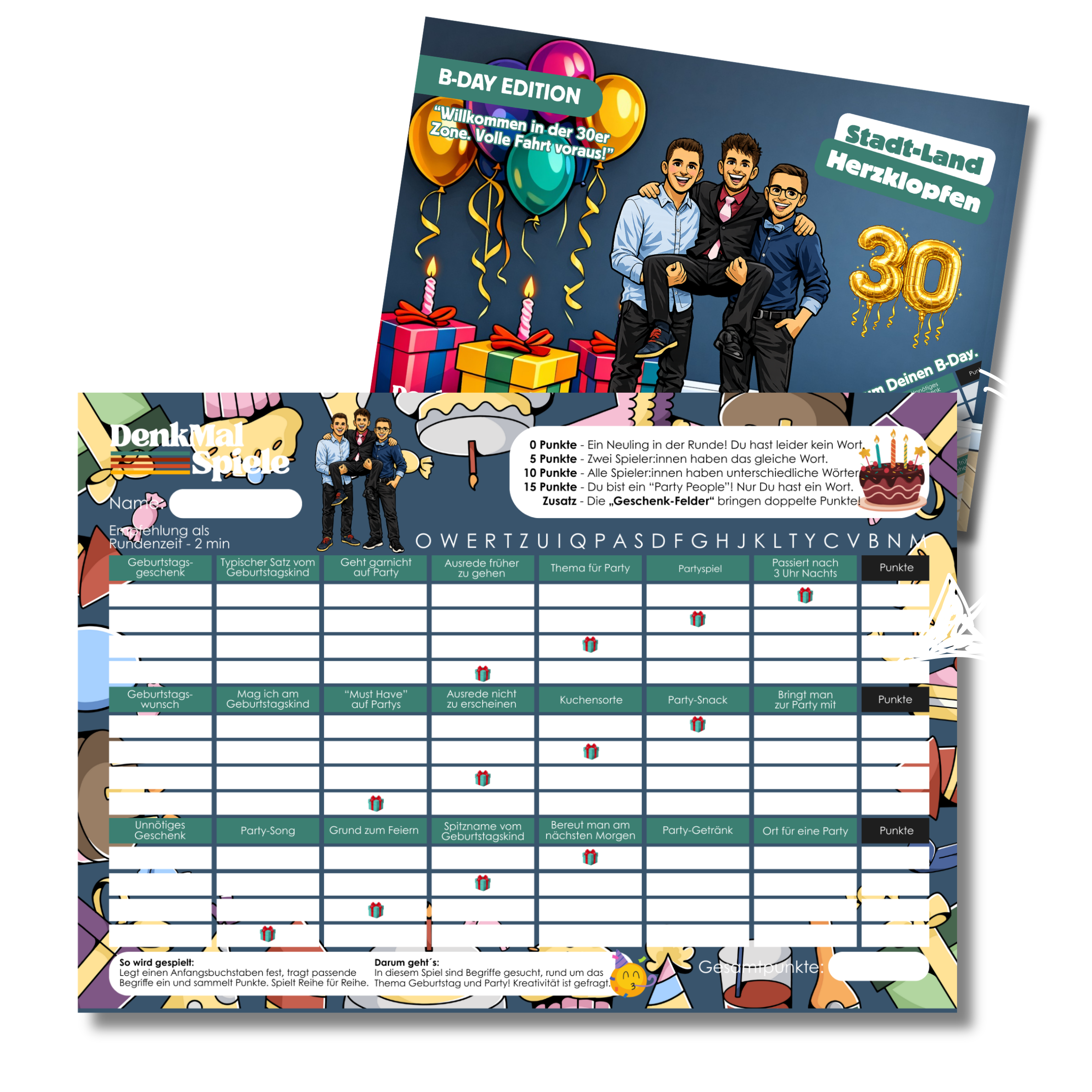 Stadt Land Fluss Spielblock mit personalisierten Comic Figuren