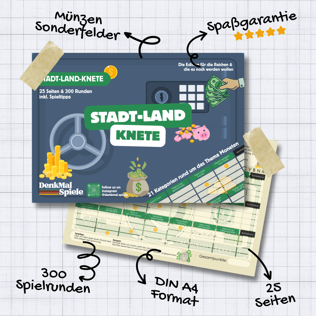 Stadt-Land-Knete Spielblock | Stadt-Land-Fluss Geld-Edition