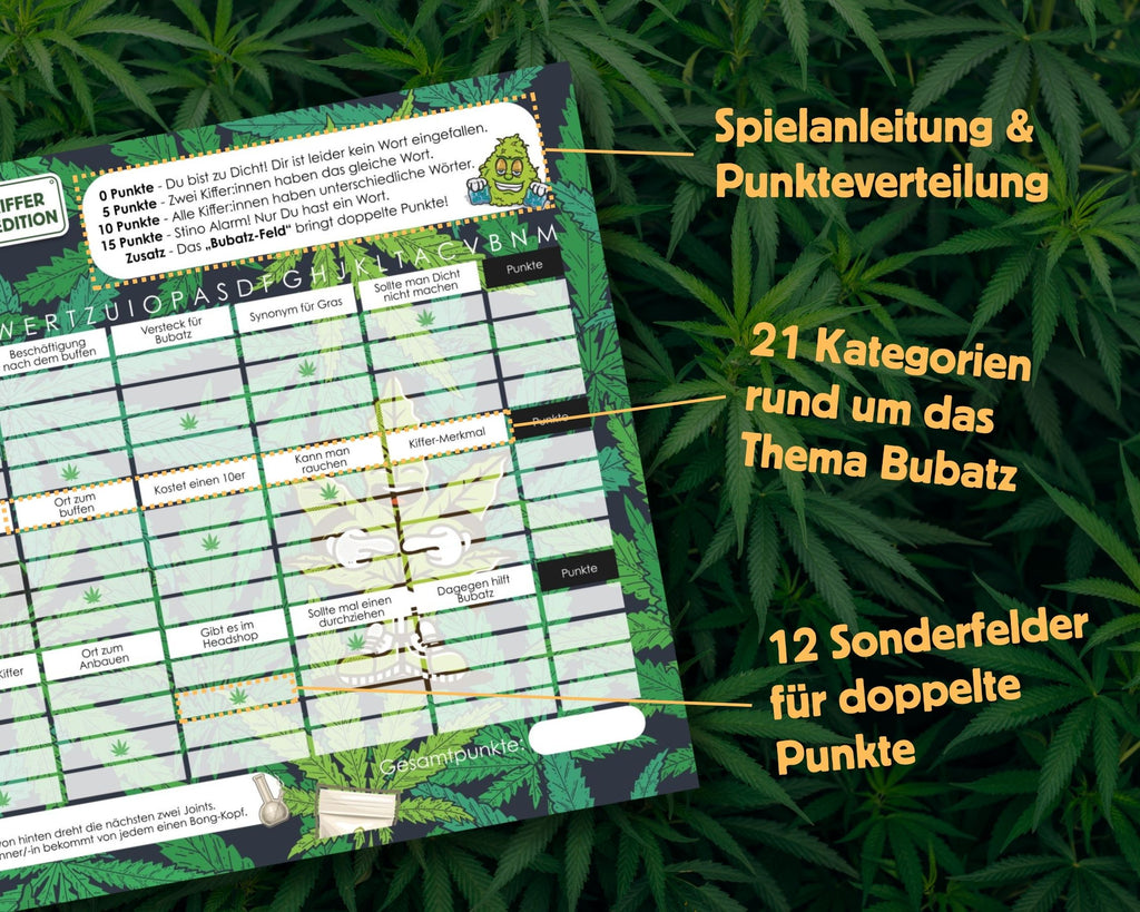Stadt-Land-Bubatz Spielblock | Cannabis & 420 Partyspiel für Erwachse