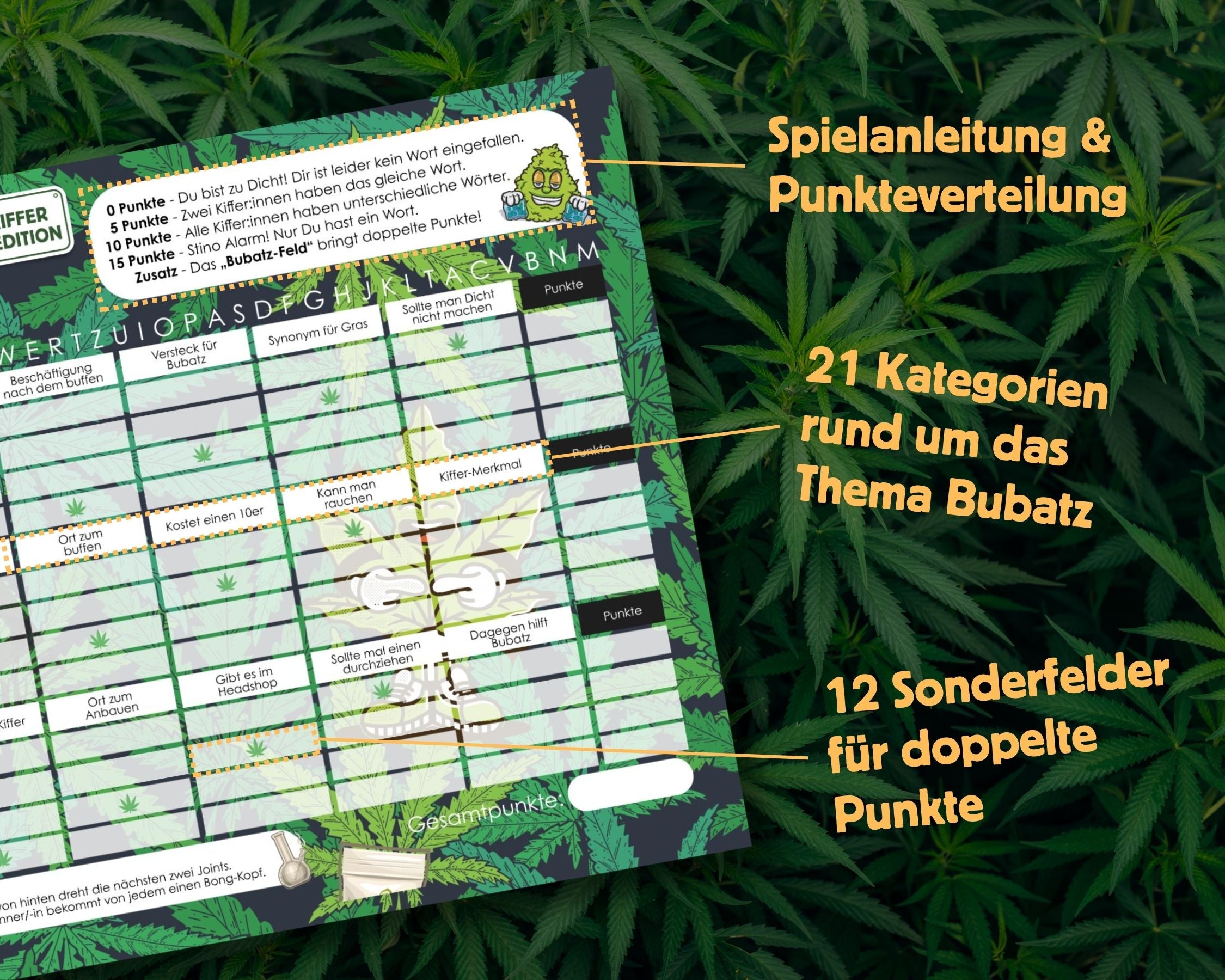 Stadt-Land-Bubatz Spielblock | Cannabis & 420 Partyspiel für Erwachse