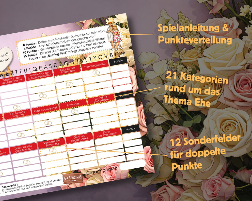 Stadt-Land-Fluss personalisiert – Hochzeits-Spielblock (Wedding Edition)