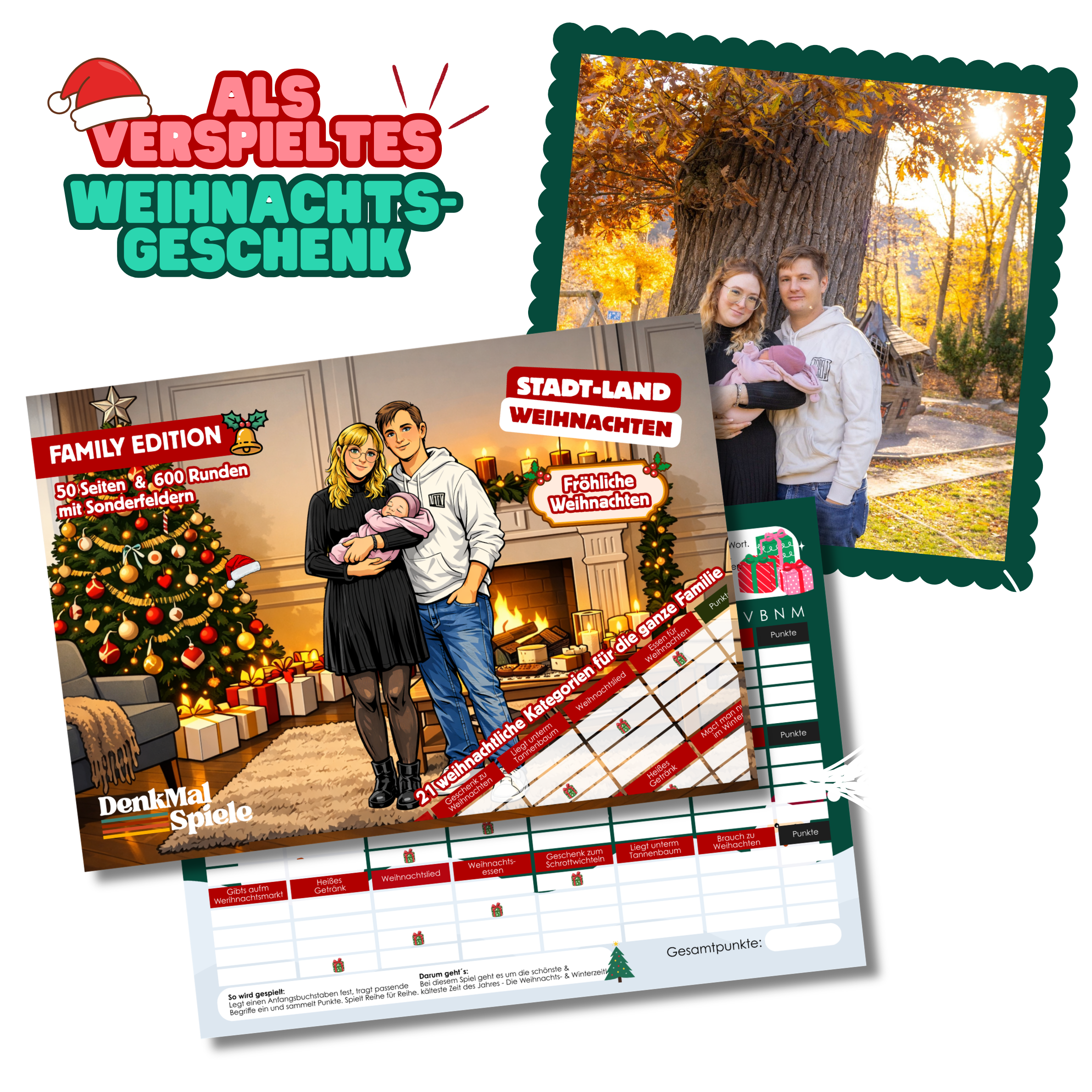 Stadt Land Weihnachten Spielblock mit Comic Figuren